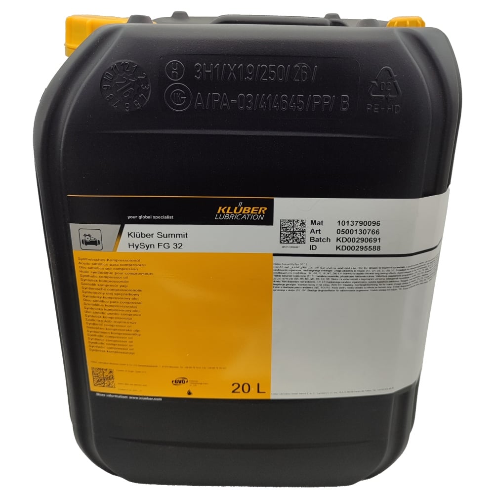 pics/Kluber/Copyright EIS/canister/Summit HySyn FG 32/klueber-summit-hy-syn-fg-32-synthetic-food-machinery-compressor-oil-20-l-01.jpg